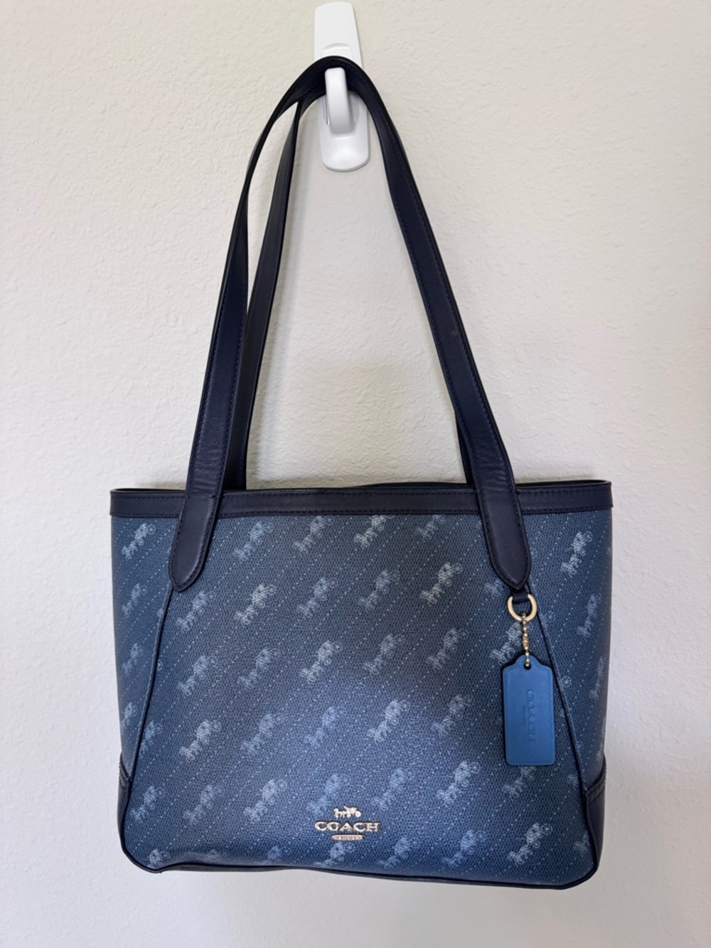 Coach Horse & Carriage Buggy Coated Canvas Navy Blue Leather Tote Bag